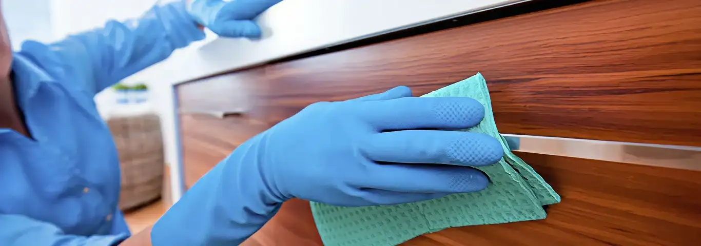 Cleaner wearing blue gloves wiping a wooden cabinet drawer with a microfiber cloth for dust and grime removal, Chattanooga, TN.