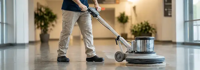 Professional technician using an industrial floor buffer to polish and maintain shiny commercial flooring in a corporate hallway in Chattanooga, TN.