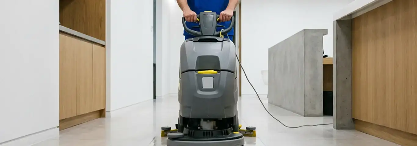 Janitorial staff using a floor scrubber machine to clean a commercial hallway, Chattanooga, TN.