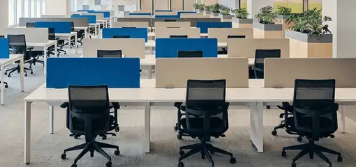 Modern open-plan office space featuring clean workstations, ergonomic chairs, and sanitized carpets provided by professional office cleaning services in Chattanooga, TN.