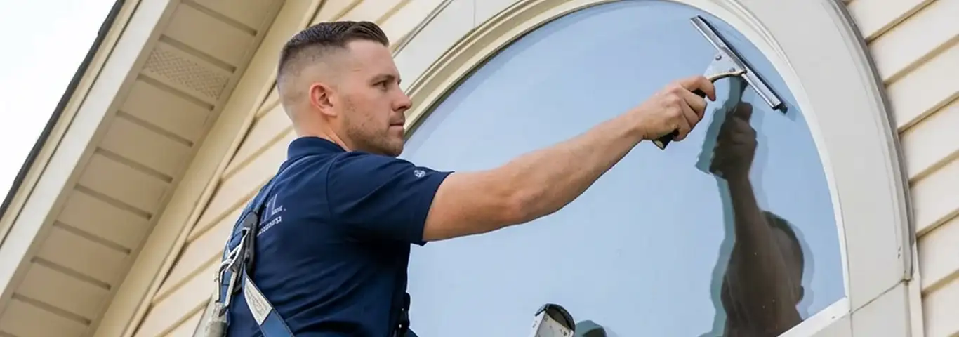 Professional window cleaner using a squeegee to clean an exterior arched window on a home, Chattanooga, TN.