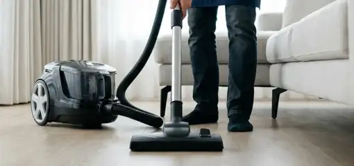 Professional house cleaner vacuuming a living room floor with a canister vacuum cleaner, Chattanooga, TN.