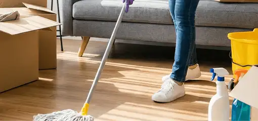 Move-out cleaning setup with a cleaner mopping hardwood floors near moving boxes and cleaning supplies, Chattanooga, TN.