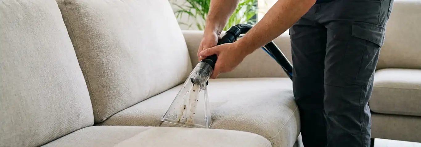 Technician extracting dirt and moisture from a fabric sofa with an upholstery cleaning wand, Chattanooga, TN.