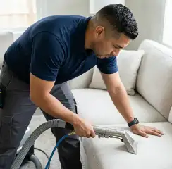 Professional upholstery cleaning technician using an extraction wand to deep-clean a fabric sofa, Chattanooga, TN.