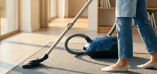 Person vacuuming a living room rug with a canister vacuum cleaner near large windows, Chattanooga, TN.